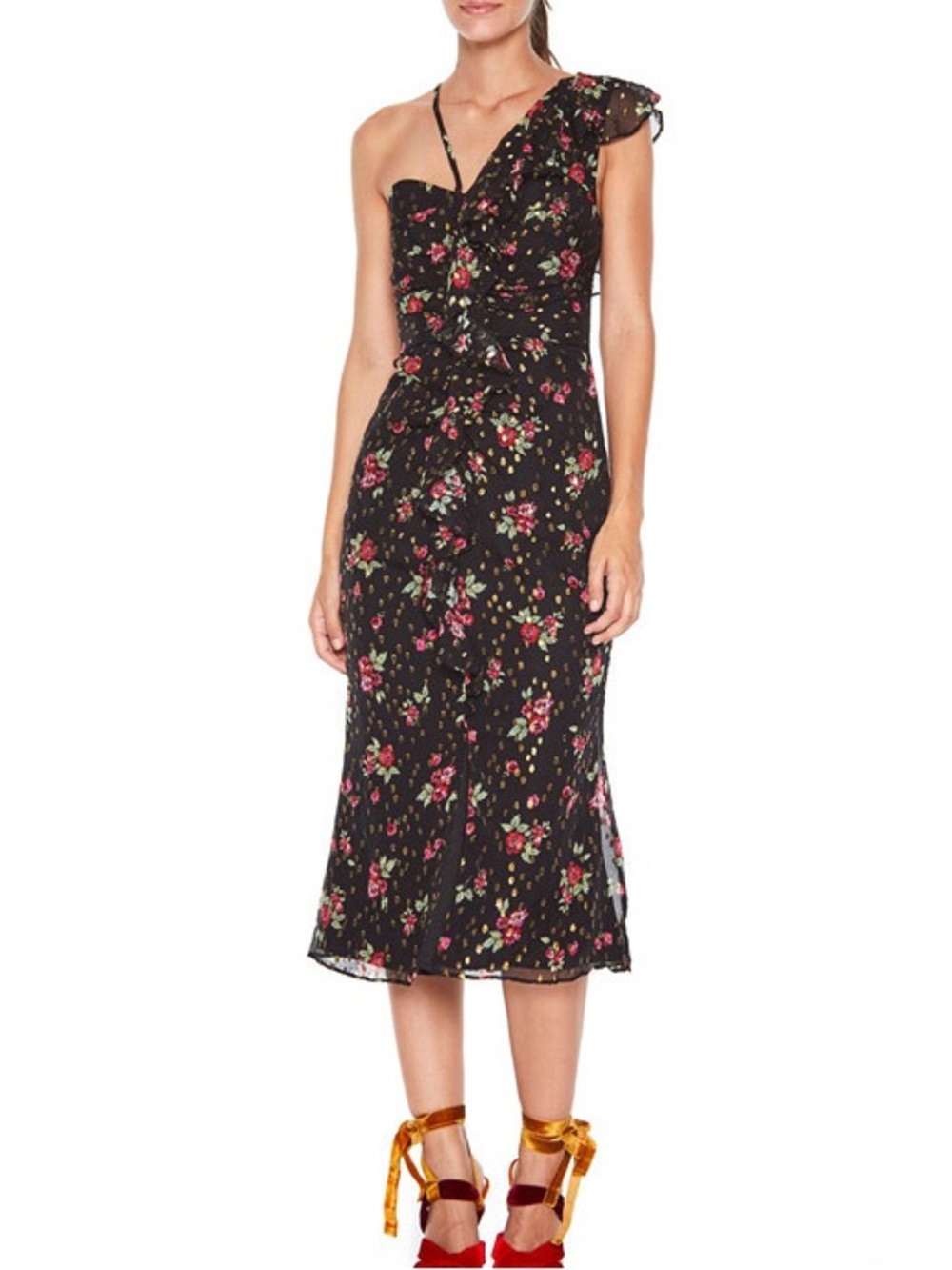 Talulah Way Back When Ruffle Midi Dress Black Floral Silk Lurex Small Party